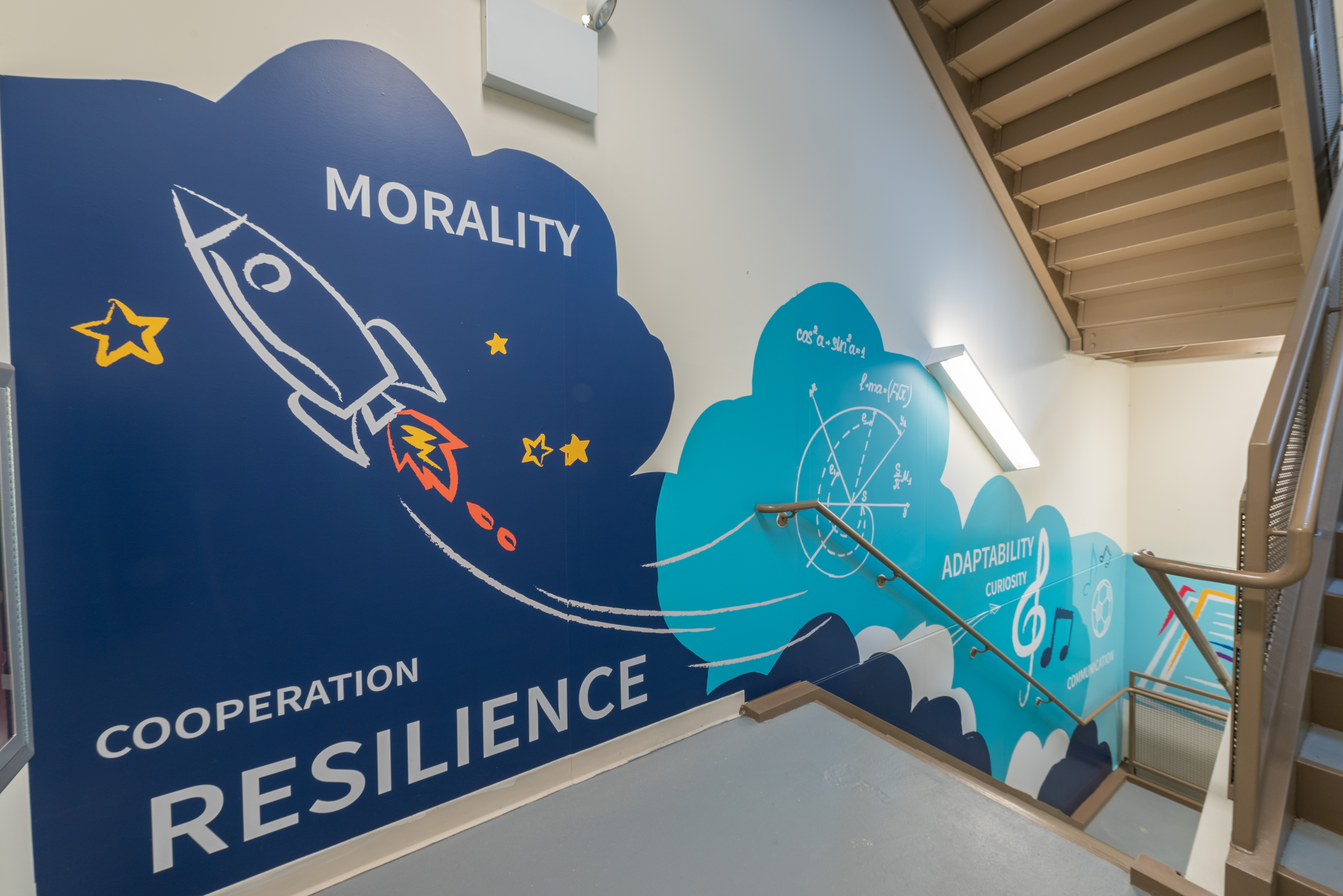 School stairwell with custom wall graphics. 