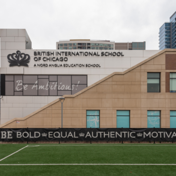 Window and fence graphics for British International School of Chicago.