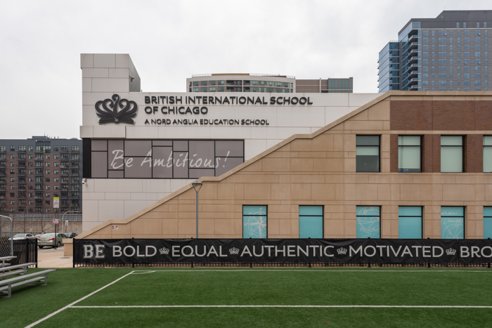 Window and fence graphics for British International School of Chicago. 