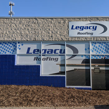 Legacy Roofing outdoor window wrap window graphic sign akron