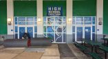 School building exterior sign with cafeteria entrance