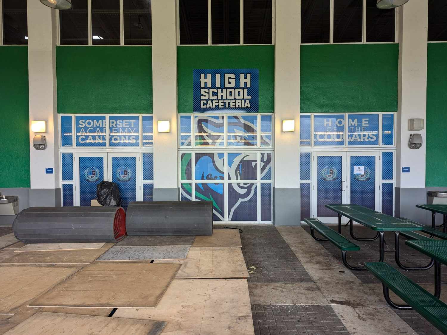 School building exterior sign with cafeteria entrance