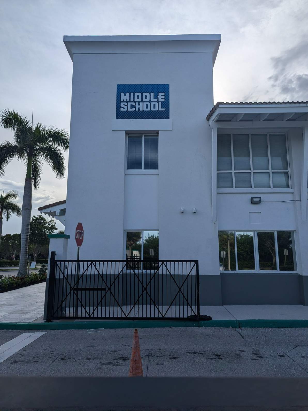 Exterior view of a middle school building signage