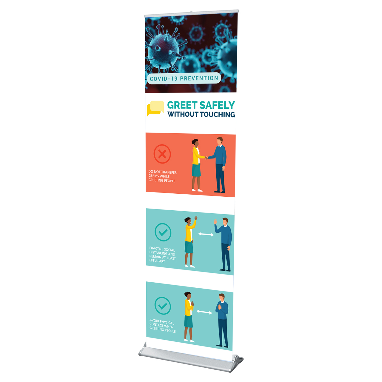 greet safely without touching standing banner 