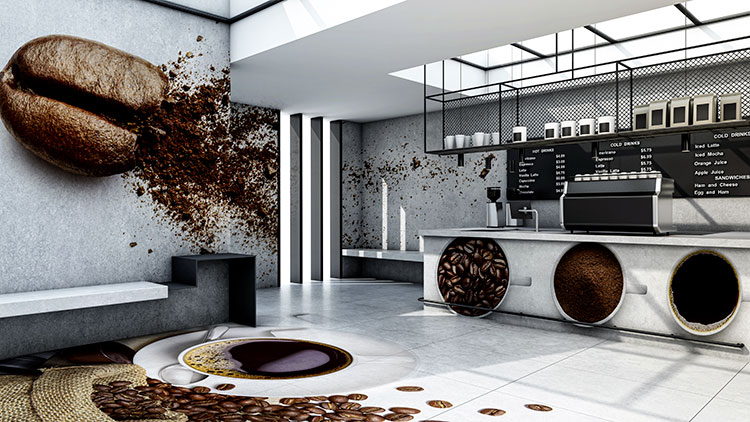 coffee shop wall, floor, and counter graphics 