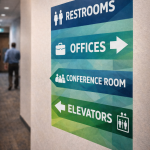 Colorful directional wall sign with restroom, office, conference room, and elevator icons in Boston,