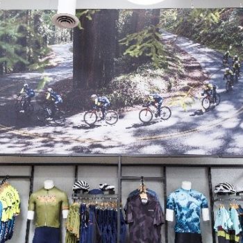 Vibrant image of bikers printed for retail bike store