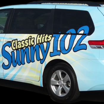 Graphics printed on the side of a van for a morning radio station, Sunny102.