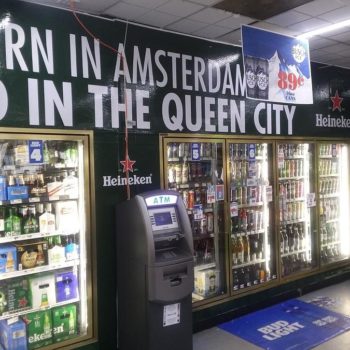 convenience store wall mural decor with company logos