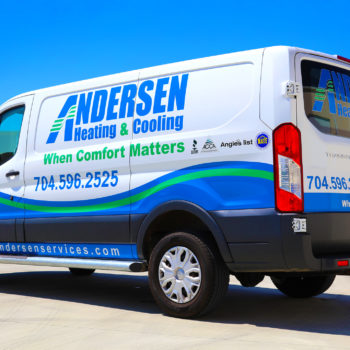 Anderson Heating & College green and blue van wrap