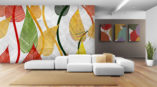 Multi-colored leaf paneled wall mural and three canvas display