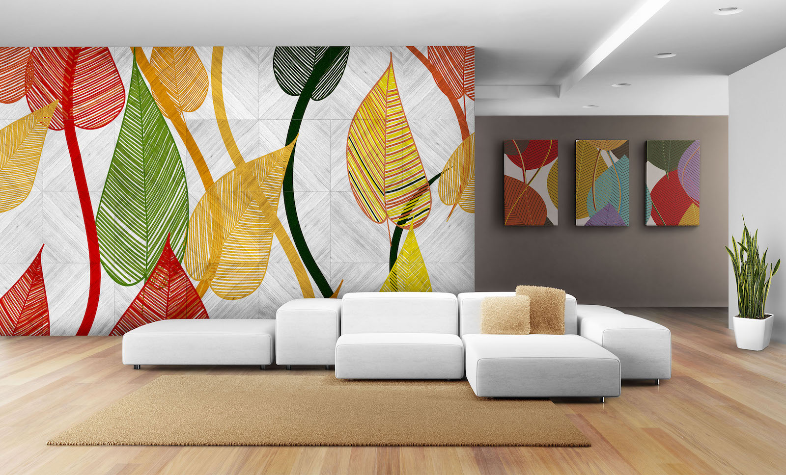 Multi-colored leaf paneled wall mural and three canvas display