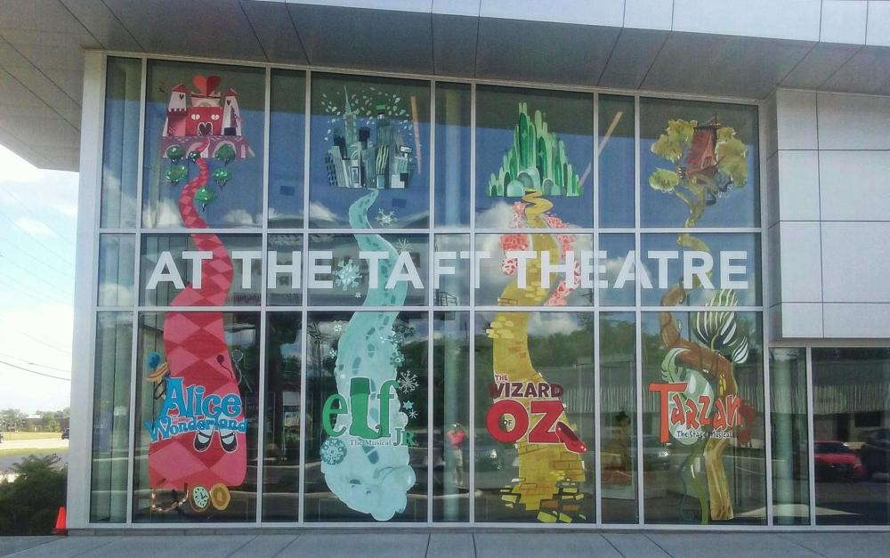 Custom Window graphic for a theater advertising various plays
