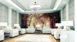 An interior design graphic depicting a nature scene on display in a lobby