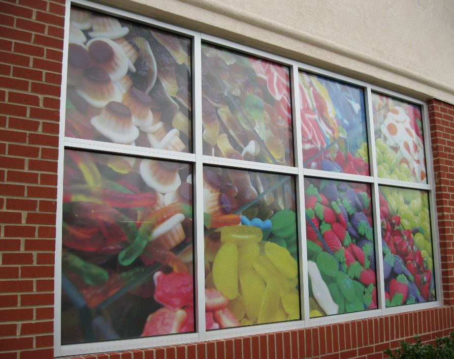 Custom window decals showing different candy types