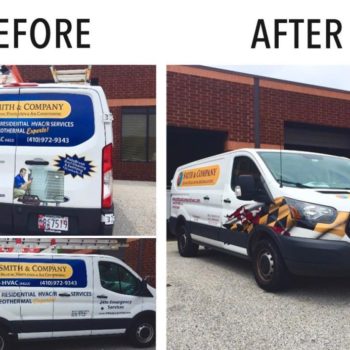 Before and after of Smith & Co custom van wrap
