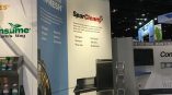 Curved fabric tradeshow display with printed graphics and metal frame in Chicago Downtown.