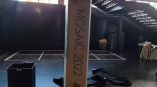 Fabric-wrapped column sign with geometric design in an industrial space in Chicago Downtown.