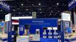 Tradeshow display booth with fabric back wall and illuminated signs in Chicago Downtown.