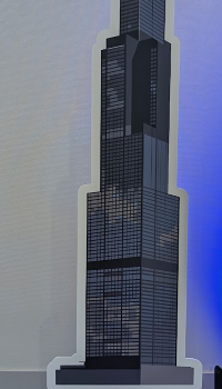 Freestanding cutout sign of a skyscraper building in Chicago Downtown event setting.