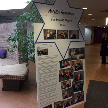 Freestanding foam board event sign with photos and text in an indoor space Chicago Downtown.