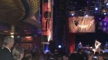 Vertical fabric banner with printed graphics hanging inside a theater in Chicago Downtown.