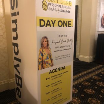 Freestanding fabric event sign with printed graphics and schedule in Chicago Downtown.