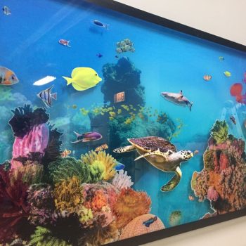 Large acrylic wall sign featuring a colorful underwater coral reef scene with fish and turtle in