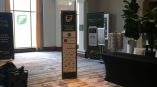 Freestanding retractable banner stands displayed in a conference lobby in Chicago Downtown.