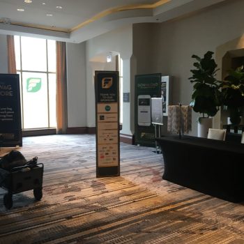 Freestanding retractable banner stands displayed in a conference lobby in Chicago Downtown.