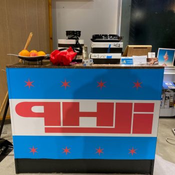 Table wrap banner with Chicago flag design displayed indoors in Chicago Downtown.