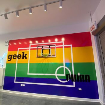 Indoor wall mural with basketball hoop and colorful stripes in Chicago Downtown.