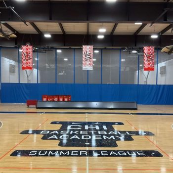 Indoor basketball court floor graphics with logo and text in Chicago Downtown.