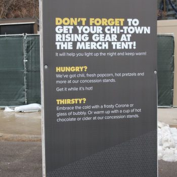 Freestanding event sign with printed vinyl graphic on metal frame in Chicago Downtown.