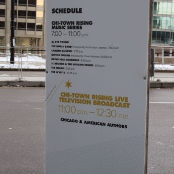 Freestanding event schedule sign printed on rigid board in Chicago Downtown.