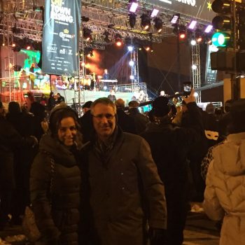 Large fabric event banners hanging on metal truss stage structure in Chicago Downtown.