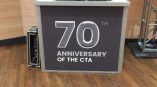 Fabric graphic wrap on a portable event counter with wooden floor in Chicago Downtown.