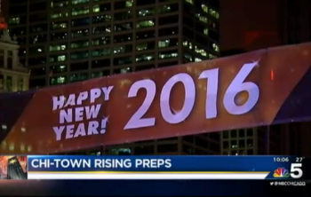 Large vinyl event banner with New Year 2016 graphics displayed in Chicago Downtown.