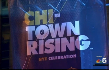 Large fabric event banner with printed graphics displayed in Chicago Downtown.