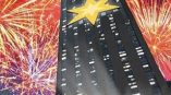 Large building banner with star graphic and fireworks in Chicago Downtown skyline.