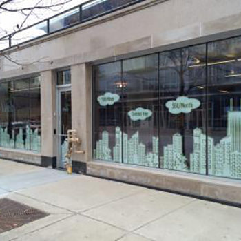 Custom window graphics of city skyline
