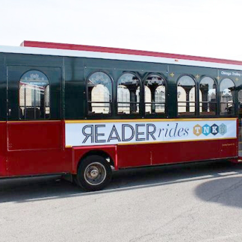 Reader rides graphic on trolley
