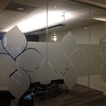 Custom frosted windows in office building