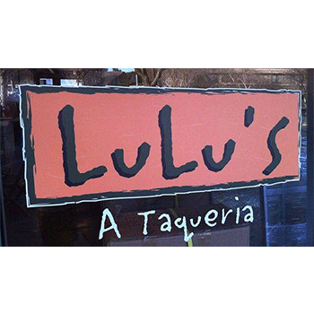 Window graphic promoting Lulu's taqueria business