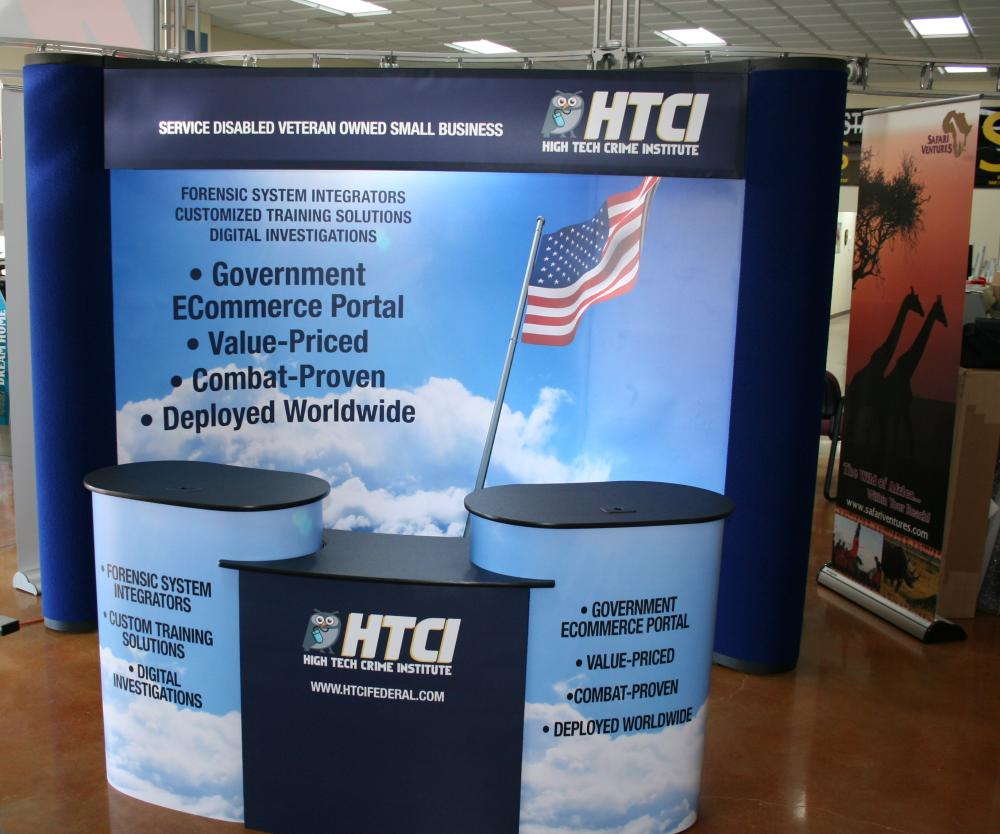 Trade show displays advertising the High Tech Crime Institute