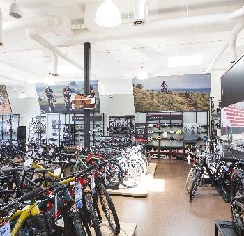 A variety of pop up displays in a bicycle shop