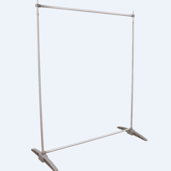 A silver banner stand