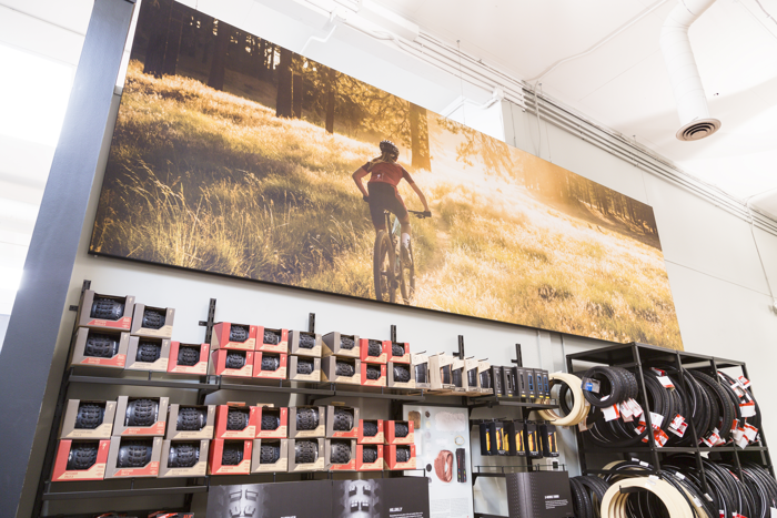 A large retail graphic of a woman biking in nature