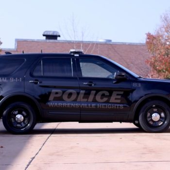 Back of Warrensville Heights police car with custom graphics 