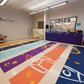Colorful floor graphics in a classroom
